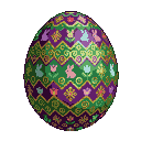 Colossal, intricately decorated Easter egg with pixelated patterns of emerald green, purple, and gold, featuring stylized bunnies and tulips.