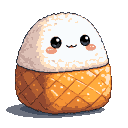A smiling onigiri with large black eyes and rosy blush marks.