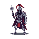 Skeletal knight in ornate armor and a tattered crimson cape, wielding an axe.