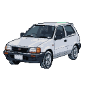 White pixelated Toyota AE86 Sprinter Trueno hatchback with slightly visible pop-up headlights, angled towards the viewer against a black background.