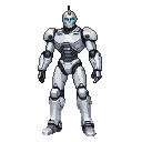 A silver and dark gray humanoid robot with glowing blue optical sensors stands tall.
