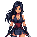 Female ninja with dark hair, blue v-neck top, pleated skirt, red sash, fingerless gloves, and armbands, holding blades.