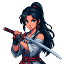 Young woman with dark ponytail and blue eyes, wearing a white kimono with red sash, holding a katana across her chest.