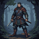 Stoic warrior in dark layered armor stands in a misty forest, gripping two sheathed swords.
