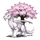 Majestic white dragon with outstretched wings beside a vibrant sakura tree in full pink bloom.