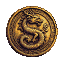 Antique coin with a coiled dragon engraving, rendered in warm gold and dark brown hues.
