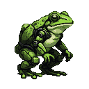 A green mechanical frog mech with segmented armor and bulbous eyes, crouched and ready for action.