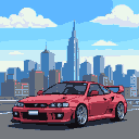 A red Nissan Skyline R34 with a spoiler and silver wheels is parked in front of a pixelated cityscape under a blue sky with white clouds.