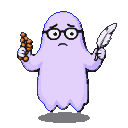 Pale purple ghost with black-framed glasses, holding wooden counting beads and a feather quill, looking confused.