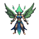 An air elemental with emerald green wings and hair, wearing a blue armored bodice and flowing blue fabric. Glowing green shards surround its head and hands.