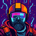 Person with a red hooded jacket, orange straps, multi-colored goggles, dark beard, and an orange hard hat with a red band. Background is a swirling vortex of electric blue lines with magenta and orange pixels on a purple canvas.