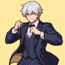 Young man with white hair in a dark blue suit, vest, and bowtie, fists clenched in a fighting stance.