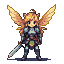 Pixie warrior with large, golden-feathered wings spread, wearing dark knight's armor, holding a gleaming sword.