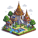 Isometric multi-tiered golden temple surrounded by lush green trees and a blue body of water with small figures.