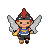 Pixie with red mohawk, silver-studded helmet, blue tank top with yellow emblem, dark shorts, boots, metallic wings, and golden cape.