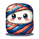 A plump, white mochi character with large, sparkling blue eyes, a wide smile, and rosy blush marks. Its body features a swirling pattern of coral and deep blue.