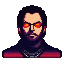 Stoic pixelated figure with dark hair and goatee, wearing red-tinted glasses and a metallic chain over a high-collared garment with a red shoulder piece.