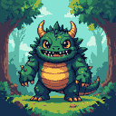 Stout green monster with spiky mane, horns, yellow chest plate, and amber eyes, in a lush forest.