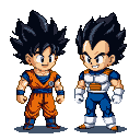 Goku in orange gi and Vegeta in Saiyan armor stand together, smiling.