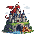 A red dragon with golden horns perches on a multi-turreted castle. Below the castle, a stack of donuts rests near a cave entrance. The scene is set against a dark, pixelated sky with clouds.