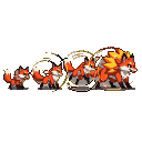 A sequence of pixelated foxes transform from small and agile to a large, powerful beast with a fiery mane.