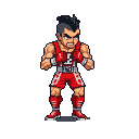 A determined fighter with a mohawk, wearing a red tank top, red shorts, and red boxing gloves, stands ready for combat.