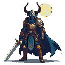 Knight in dark, ornate armor with horned helmet, holding a large two-handed sword. Deep blue, brown, and gold colors. Black background with a pale moon.