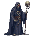 Skeletal figure in a dark hooded robe, with glowing red eye sockets, holding a gnarled staff topped with a skull. A coiled serpent is on its chest.