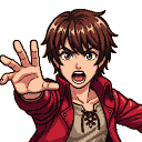 Young person with wide blue eyes and brown hair, shouting with mouth open and hand outstretched, wearing a red jacket and beige lace-up shirt.