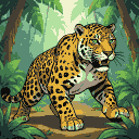 A jaguar in a combat-ready crouch, its golden fur marked with dark rosettes, eyes fixed with predatory focus. It stands in a lush, tropical jungle.