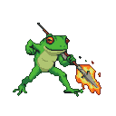 A green frog with orange eyes lunges forward, holding a spear with a flaming tip.