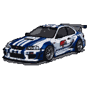 A white and blue modified sports car with racing stripes and a large rear spoiler, depicted in a three-quarter view.