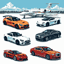 Six luxury vehicles, including sports cars and sedans in orange, white, red, and grey, parked on a snowy surface with a private jet in the background under a pale blue, cloud-dusted sky.