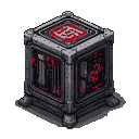 Menacing metallic cube with glowing red circuitry visible through grates and etched on its top surface.