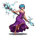 Female mage with short turquoise hair and pointed ears, wearing a deep purple gown with gold polka dots, holding two staffs crackling with blue energy and lightning.