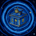A blue British police box floats in a swirling deep blue temporal vortex with twinkling stars.