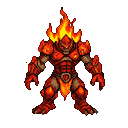 A hulking fire elemental made of molten rock and crackling flames, with jagged, glowing armored segments and a shadowed face.