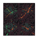 Top-down view of a desolate alien landscape with fractured dark terrain. Cracks in the ground glow with green luminescence and molten orange-red hues.