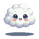 A fluffy white cloud with rosy cheeks and a wide, happy smile. It has large, sparkling blue eyes and is surrounded by tiny twinkling stars.