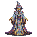 Mystical flower wizard with a tall pointed hat and flowing robes patterned with pink and blue flowers, wearing a golden mask and amulet.