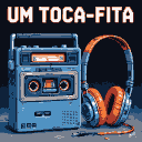A pixel art cassette player with a cassette tape inserted and metallic buttons, next to orange foam headphones with a metal headband and trailing cord. The Portuguese text "UM TOCA-FITA" is above the player.