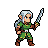 Determined elven warrior in green and brown armor, holding a gleaming sword, with braided silver hair and pointed ears.