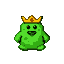 A cheerful, amorphous green slime creature wearing a golden crown and a wide, toothy grin.