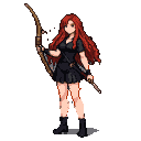 Female archer with fiery red curly hair, wearing a dark outfit, holding a bow, and a knife strapped to her leg.