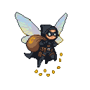 Pixie thief with iridescent wings and a bulging sack of gold flies, scattering coins.