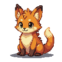 A pixel art fox with green eyes, orange and cream fur, and brown accents on its paws and ears. Its bushy tail curls to its side.