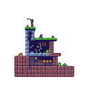 A triumphant sprite character stands on the highest platform of a crumbling, multi-tiered pixelated tower, bathed in a warm glow.