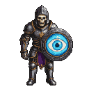 Skeletal knight in dark, detailed armor holding a shield with a luminous blue and cream eye, wearing a regal purple cloak.