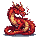 Coiled red Asian dragon with pixelated scales, sharp teeth bared, piercing eyes, and smoke from nostrils.