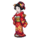 A geisha in a red kimono with golden floral patterns, her hair adorned with pink and yellow blossoms.